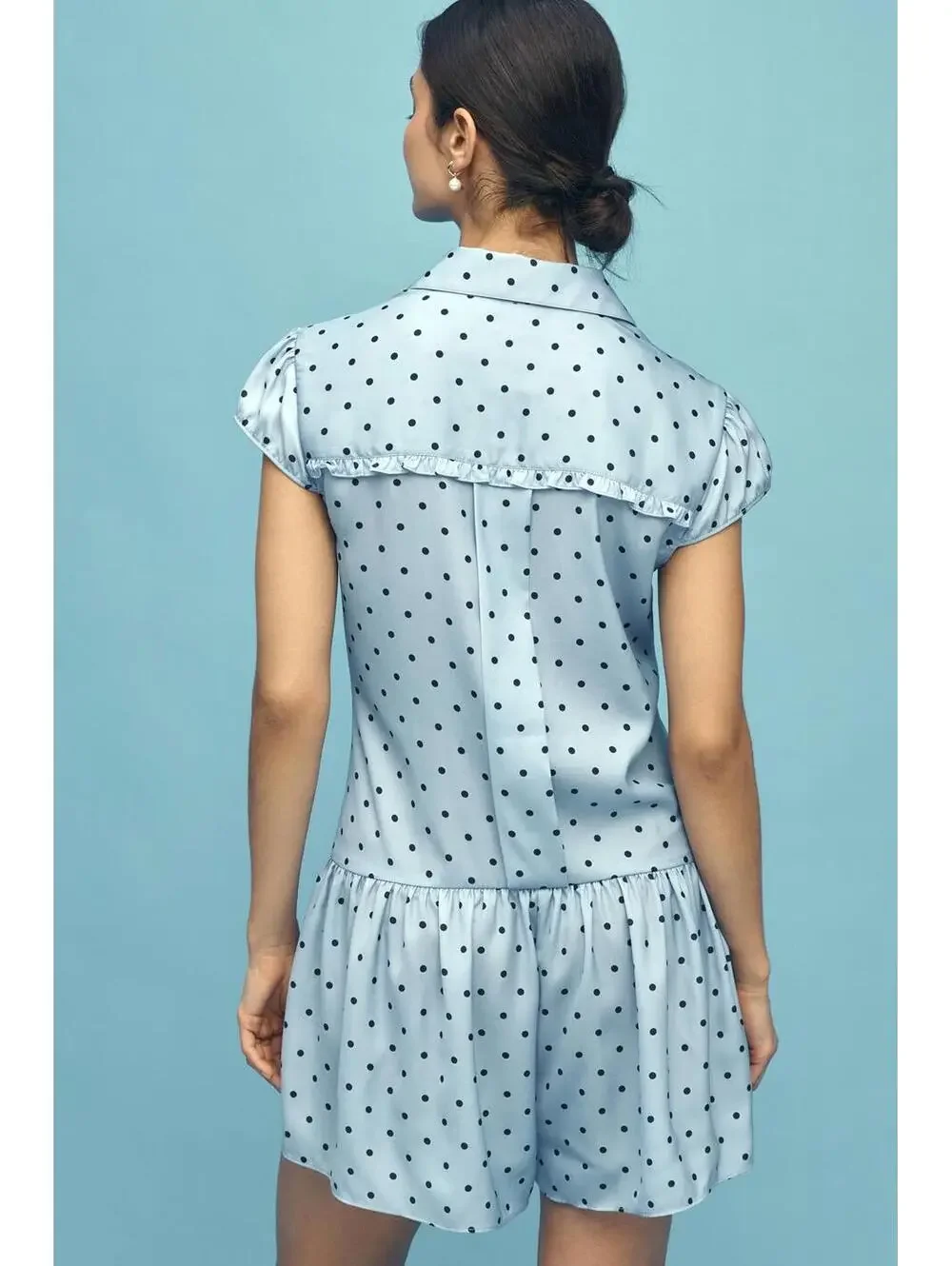 NWT Anthropologie Maeve Blue Polka Dot Cap-Sleeve Button Front Romper Siz Medium - Picture 3 of 9